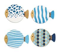 KIPTVO 4Pcs Wooden Fish Wall Decor & Coaster Set, Blue Nautical Coastal Art, Ocean Beach Themed Ornaments for Bathroom Wall, Outdoor Patio, Lake House & Home Decor Accessories