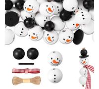 KIPTVO Christmas Snowman Wooden Beads Set DIY Winter Loose Round Bead Ornament with Hemp Rope, with Hemp Rope Red Plaid Ribbon for Christmas Tree DIY Crafts Making Decorations