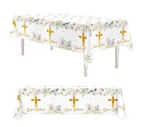 KIPTVO First Holy Communion Decorations Table Cover, God Bless Party Tablecloth White Gold Cross Design, Holy Communion Table Cloth for Boys Girls Baptism Christening Celebration 130x220cm