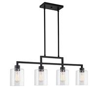 Kira Home Stratford 34" 4-Light Modern Industrial Farmhouse Island Light + Clear Glass Shades, Adjustable Hanging Height, Black Finish