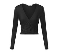 KIRA Women's Deep V Neck Long Sleeve Unique Slim Fit Coss Wrap Shirts Crop Tops