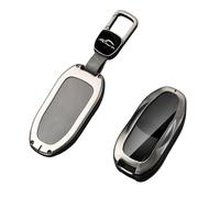 Kirain Grey Metal Leather Car Key Fob Cover Fit for Tesla Model X Model Y Car case protector sleeve