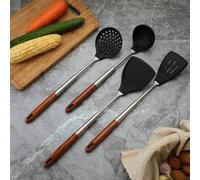 KiraKira Wood Handle Silicone Spatula and Ladle Set, 304 Stainless Steel Non-Stick Kitchen Tools for Frying Pan and Wok, Black