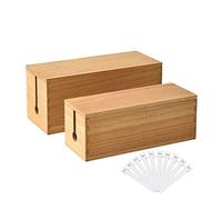 KIRIGEN Wood Cable Management Box Set of 2, Cable Tidy Box for Extension Leads, Power Strips, Chargers and TV Wires, Cord Organiser for Desk, Floor and Home Office, Natural(DXH2T-NA)
