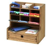 KIRIGEN Wood Desk Supplies Organisers MultiFunctional Pen Holder and Storage Compartments with Drawers Stationary Organiser for Home Office Storage Rack for School Supplies(BJH9G-DBR)