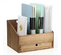 KIRIGEN Wooden Desktop File Organiser with Drawer, 4 Compartments, Desk File Storage Manager, Wooden Folder Organizer for School and Office(4K-DBR)