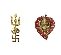 KIRINVEDA Ashtadhatu Tri Shakti Yantra Power Symbol for Protection & Good Luck Swastik Om Trishul and Metal Golden Ganesha Leaf Wall Hanging for Home Entrance | Metal Pan Patta Ganesh 7 INCH