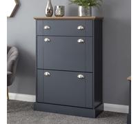 kirkby wooden shoe cabinet with 2 flap doors in slate blue and oak
