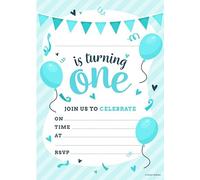 Kirsten McMillan 32 Blue 1st Birthday Party Invitations for Kids with Envelopes - Pack of 32 Balloon Party Invites for Girls & Boys - Designed and Printed in the UK