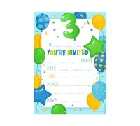 Kirsten McMillan 32 Blue Age 3 Birthday Party Invitations for Kids with Envelopes - Pack of 32 Balloon Party Invites for Girls & Boys - Designed and Printed in the UK