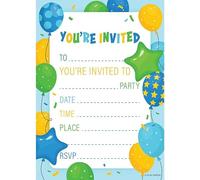 Kirsten McMillan 32 Blue Birthday Party Invitations for Kids with Envelopes - Pack of 32 Balloon Party Invites for Girls & Boys - Designed and Printed in the UK