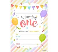 Kirsten McMillan 32 Multicolour 1st Birthday Party Invitations for Kids with Envelopes - Pack of 32 Balloon Party Invites for Girls & Boys - Designed and Printed in the UK