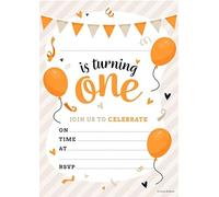 Kirsten McMillan 32 Orange 1st Birthday Party Invitations for Kids with Envelopes - Pack of 32 Balloon Party Invites for Girls & Boys - Designed and Printed in the UK