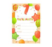 Kirsten McMillan 32 Orange Age 7 Birthday Party Invitations for Kids with Envelopes - Pack of 32 Balloon Party Invites for Girls & Boys - Designed and Printed in the UK