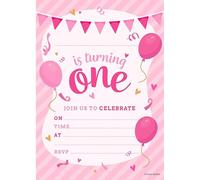 Kirsten McMillan 32 Pink 1st Birthday Party Invitations for Kids with Envelopes - Pack of 32 Balloon Party Invites for Girls & Boys - Designed and Printed in the UK