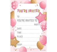 Kirsten McMillan 32 Rose Golden Birthday Party Invitations for Kids with Envelopes - Pack of 32 Balloon Party Invites for Girls & Boys - Designed and Printed in the UK