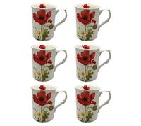 Kirsty Jayne China- 10Fl oz Bone China Wild Poppy Beakers, Mugs- Gift Boxed (Set of 6)