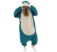 KIRUCOS Snorlax Adult Jumpsuit, Soft Minky Fabric, Detachable Hood with Ears, Embroidered Character Details, Unisex X-Large Blue