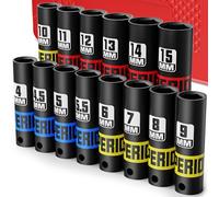 KIRXST 1/4 Inch Drive Impact Socket Set, 14 Piece Deep Sockets 4-15 mm, Metric Socket Set for Bicycle Bike Motorcycle Repair DIY Mechanic Tool