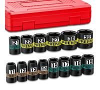 KIRXST 14-Piece 1/2" Drive Shallow Impact Socket Set, 11-32mm, Semi-Deep Sockets, CR-V, Socket Set for Automotive and Home, Metric, 6 Point