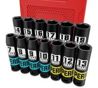 KIRXST 3/8 Inch Drive Impact Socket Se, 13 Piece Deep Sockets 7-19 mm, Metric Socket Set for Automotive Trucks Tractors Engines Repairing DIY Mechanic Tool