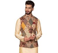 KISAH Men Printed Nehru Jackets Ethnic Festive Traditional Waistcoat Cotton, Regular Fit, Beige, 44-45 & Thanksgiving