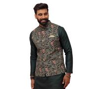 KISAH Men Printed Nehru Jackets Ethnic Festive Traditional Waistcoat Cotton, Regular Fit, Green Red, 40-41 & Thanksgiving