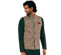 KISAH Men's Nehru Jacket, Olive Cotton Blend, Printed Regular Fit Mandarin Collar Sleeveless, Olive, 38