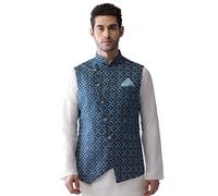 KISAH Men's Printed Regular Fit Sleeveless Cotton Blend Nehru Jacket | Ethnic Jacket-Waistcoat For (40) M Blue & Thanksgiving
