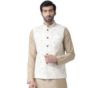 KISAH Men's Printed Regular Fit Sleeveless Cotton Blend Nehru Jacket | Ethnic Jacket-Waistcoat For (40) M White & Thanksgiving