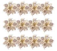 Kisangel 12pcs Christmas Poinsettia Flowers with Clips And Stems, Artificial Glitter Poinsettia Flowers for Xmas Wedding Holiday Wreath Garland Tree, Christmas Tree Decorations (champagnegold)