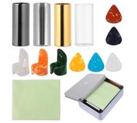 Kisangel 1set Complete Guitar Slide with Metal and Glass Slides Plastic Picks and Celluloid Finger Picks in Compact Iron Box for Acoustic Bass