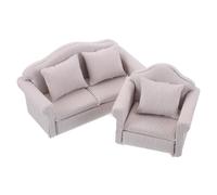Kisangel 2pcs Mini Dollhouse Sofa with Pillows Vintage Style Fabric Upholstery Wooden Miniature Couch and Armchair for Living Scene Decoration