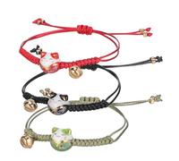 Kisangel 3 Pcs Adjustable Cat Maneki Neko Bracelets with Bell Japanese Lucky Fortune String Jewelry for Women Red Green Black Wristbands Stylish Luck Gifts
