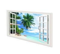 Kisangel Faux Window Sticker Vinyl Wall Decal Landscape View for Bedroom Living Nursery Removable Decorative Art with Beach Ocean Sunlight Forest Scene