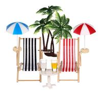 Kisangel Resin Miniature Beach Set 2 Coconut Palm Trees, 2 Mini Parasols, 2 Beach Deckchairs (red Black), 2 Drinks round Tea Table for Dollhouse Micro Landscape Decor