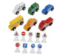 Kisangel Wooden Vehicles and Traffic Signs for Safe Smooth Wood Material Cognitive Car Playset with Traffic Signs Educational Construction Road Blocks for Boys