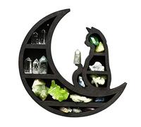 Kisbeibi Cat on The Moon Wooden Crystal Shelf, Wall Mounted Floating Shelf Crystal Display Shelf, Moon Display Shelf for Crystals Stone Essential Oil Small Plant Art Home Decor(Black)