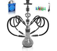 Kiseely Hookah Complete Set with 4 Hose, 22'' Large Shisha Kit for Up to 4 Persons with Everything Included, Ceramic Bowl | Premium Hose | Beautiful Glass Vase (Black OS1)
