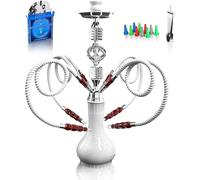 Kiseely Hookah Complete Set with 4 Hose, 22'' Large Shisha Kit for Up to 4 Persons with Everything Included, Ceramic Bowl | Premium Hose | Beautiful Glass Vase (White OS1)
