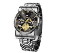 Kiseely Men's Stainless Steel Chronograph Watch, Luxury Big Face Mens Watch Quartz Analog Dress Watches, Luminous Multifunction Man Wristwatch (Black Stainless Steel Z1)
