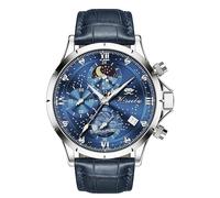 Kiseely Watches for Men with Date Luxury Big Face, Diamond Business Dress Analog Quartz Moon Phase Stainless Steel Wristwatch, Calendar Chronograph Watch (Blue Leather Strap K1)