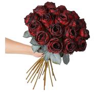 Kisflower 10 Pcs Artificial Rose Red Flower,20" in Tall Single Rose Long Stem Fake Flower,Silk Blossom Rose Realistic Flower for Table Office Party Wedding Home Decor(Burgundy Red,10pcs)
