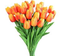 Kisflower 20Pcs Artificial Tulips Latex Tulips Flowers Fake Tulip Bouquet Real Touch Flowers for Decor (Orange)