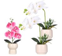 Kisflower 3 pack Potted Orchid Plant Fake Phalaenopsis Flowers with Plastic Vase,Artificial Orchid Flowers in Pot for Table Centerpieces Living Room Home(2 White-1 Pink)