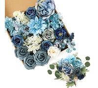 Kisflower Artificial Flowers Dusty Blue Silk Artificial Roes Combo Peony Flower for DIY Wedding Bridal Bouquet Party Home Decorations (Dusty Blue)