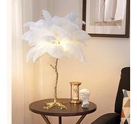 KISFWIU feather lamp Table Lamp Ostrich Feather Palm Tree With orange brown white black feather lampshade living room table light Home Decoration 80cm (White)