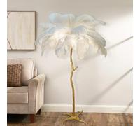 KISFWIU floor lamp,ostrich feather lamp With 35 feathers lampshade Gold resin lamp pole large standing lamp Suitable for bedrooms and living rooms 170 * 110cm (White)