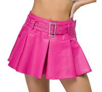 Kisidoo Y2K Mini Skirt Buckle Belted High Waisted Pleated Flare PU Faux Leather Short Goth Skirts for Women, A# Hot Pink, S