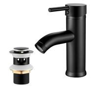 kisimixer Basin Mixer Tap Black with Pop Up Waste Slotted, Bathroom Tap | Single Lever Hot and Cold, 304 Stainless Steel, G1/2 Hoses